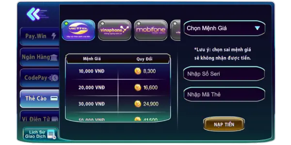 Cách nạp tiền 789club đơn giản, nhanh chóng 6 Nạp qua thẻ cào diện thoại