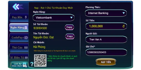 Cách nạp tiền 789club đơn giản, nhanh chóng 4 Nạp tiền qua ngân hàng là lấy stk để chuyển khoản